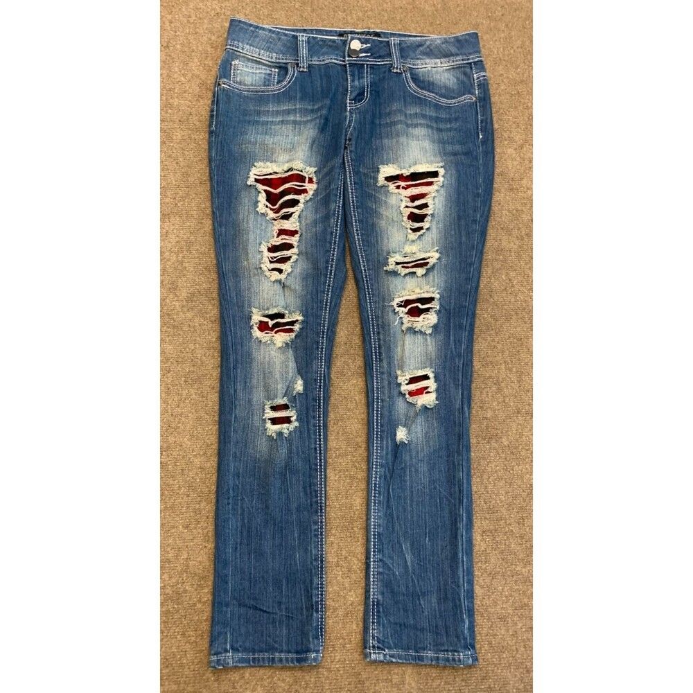 Premiere Jeans Womens 7/8 Low Rise Skinny Distressed Patch Plaid Stretch Denim